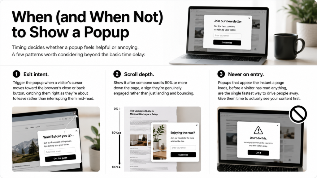 Infographic showing when to display website popups using exit intent, scroll depth, and avoiding popups on page entry.